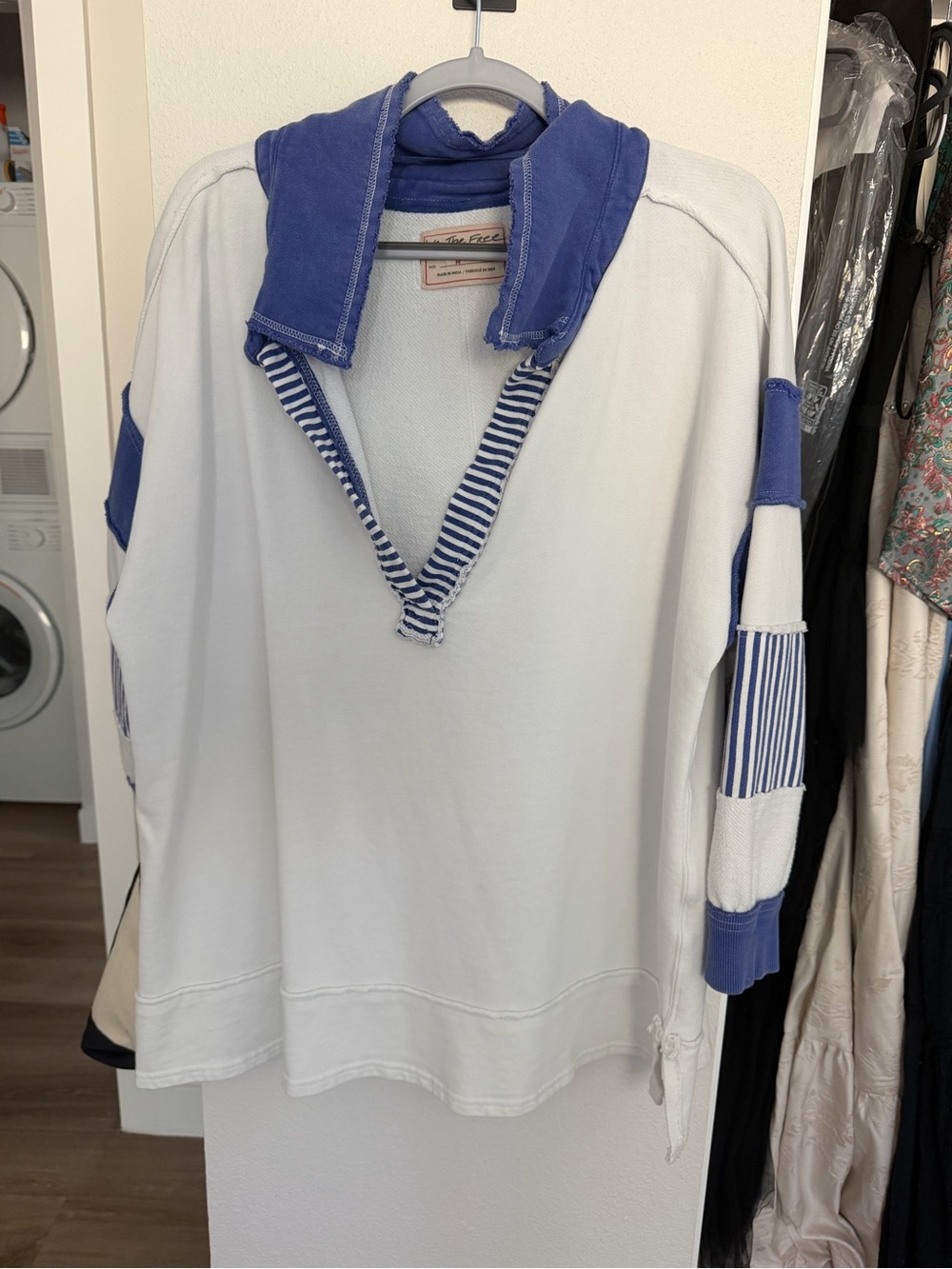Free People White and Blue Striped Pullover Hoodie